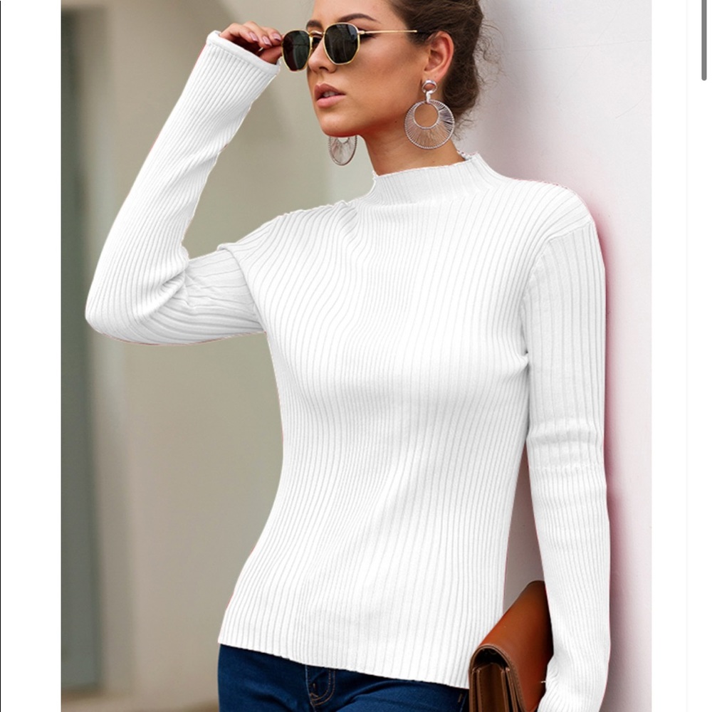 🍁 Mila Ribbed Mock Neck White Blouse - Picture 4 of 6